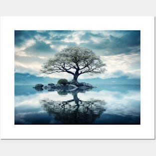 Tree In Calm Lake Serene Landscape Posters and Art